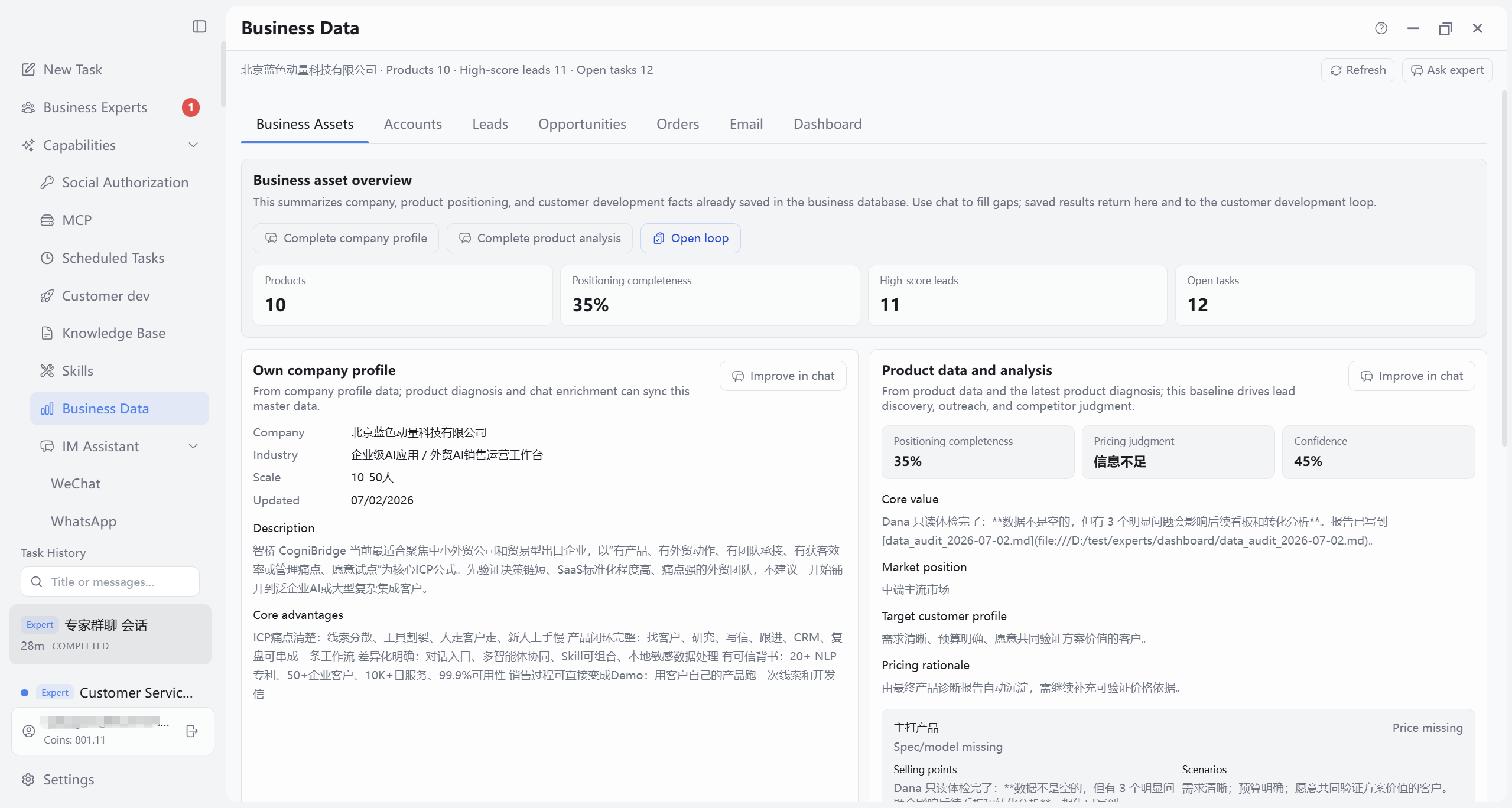 Business Data Business assets tab