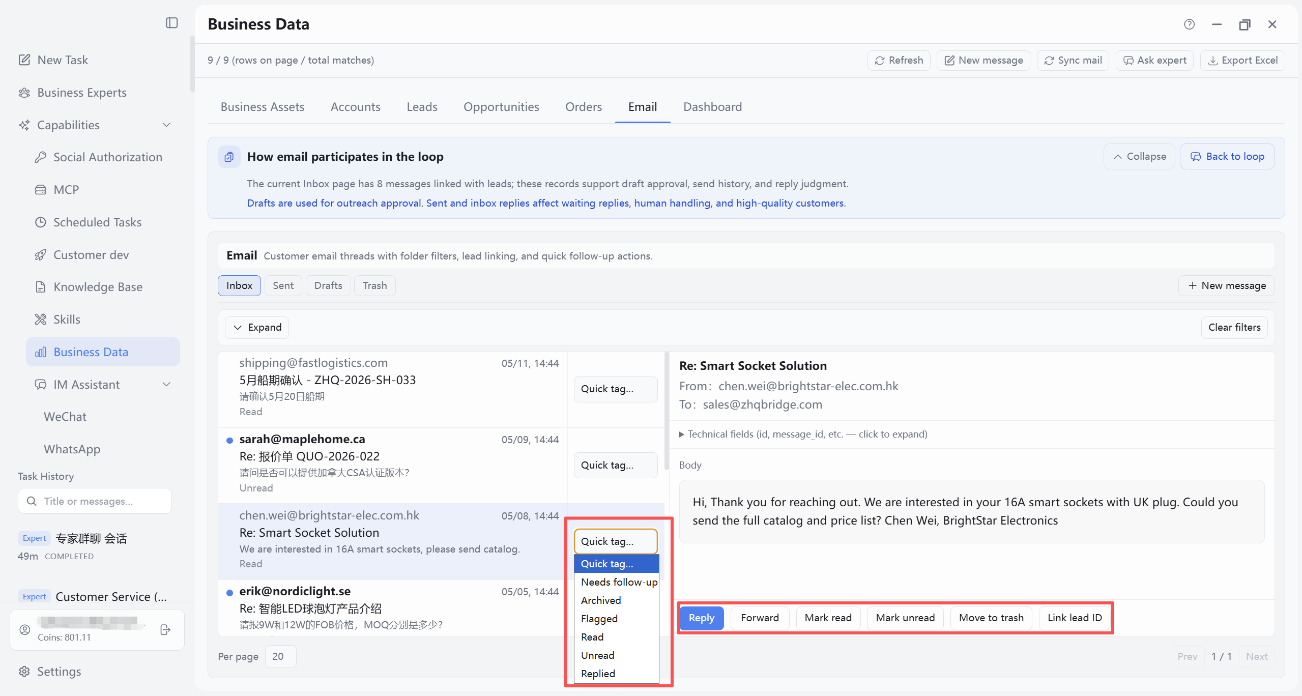 Inbox quick tags