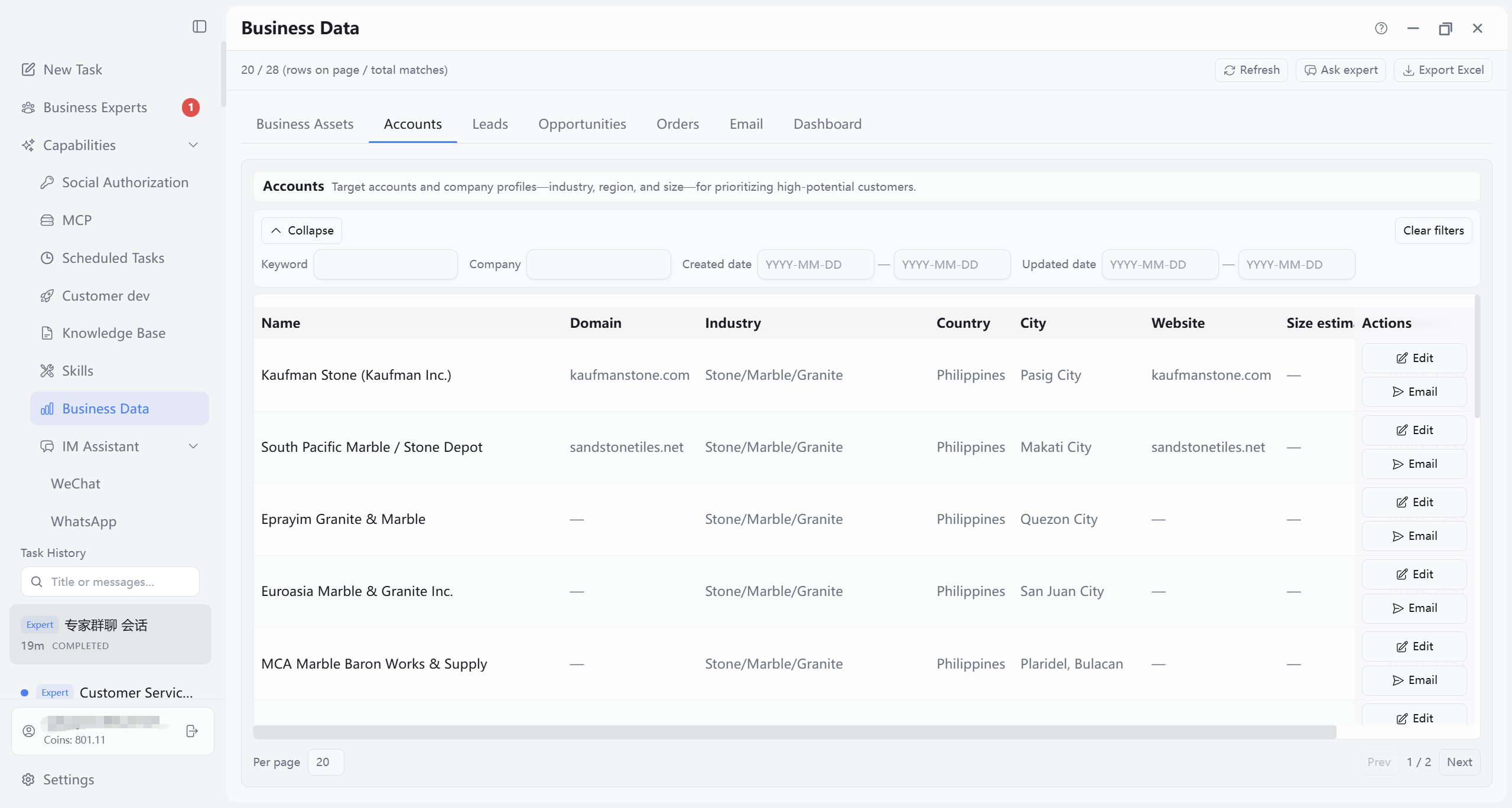 Business Data page overall layout