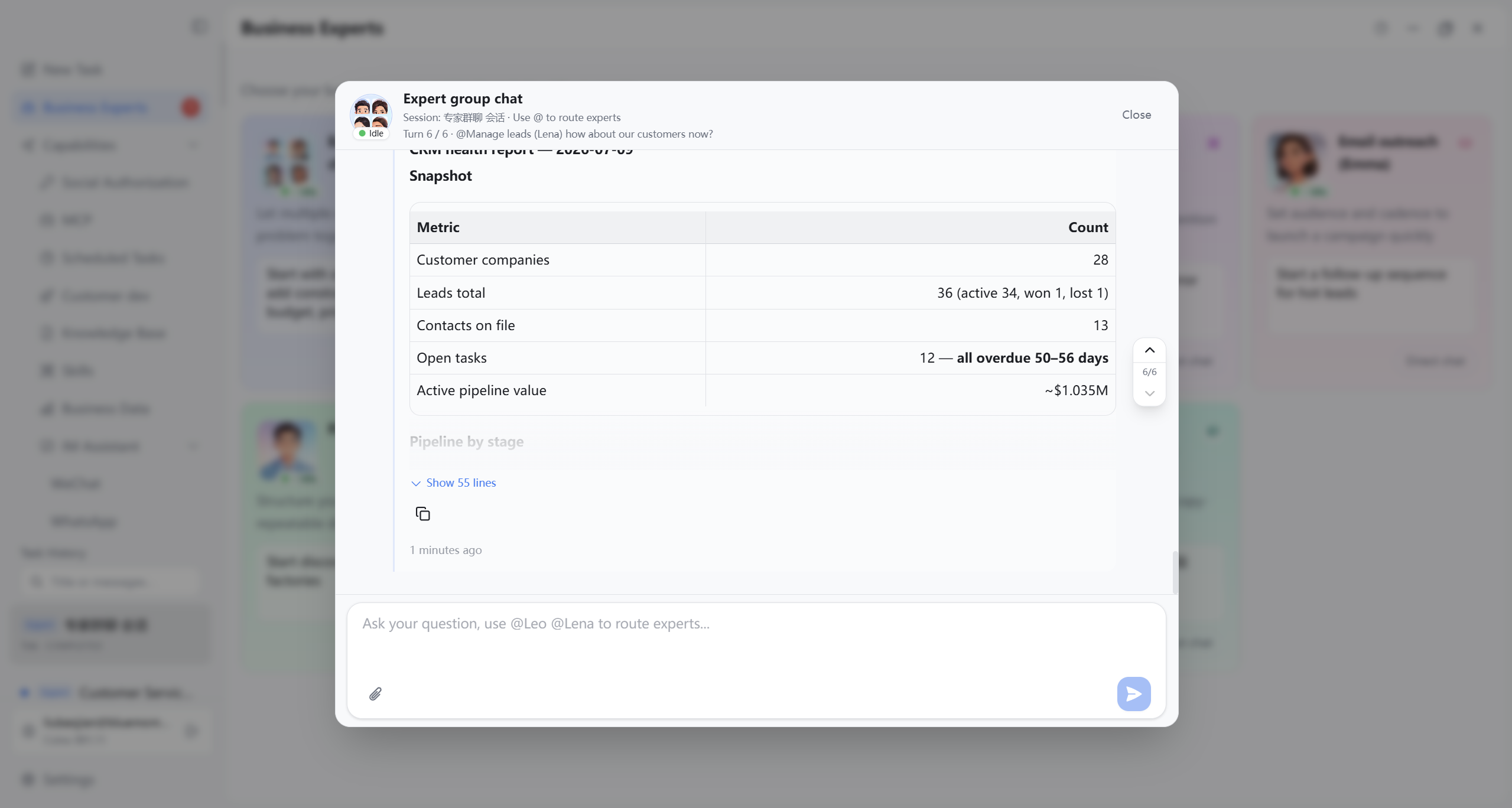 Business Experts group chat dialog