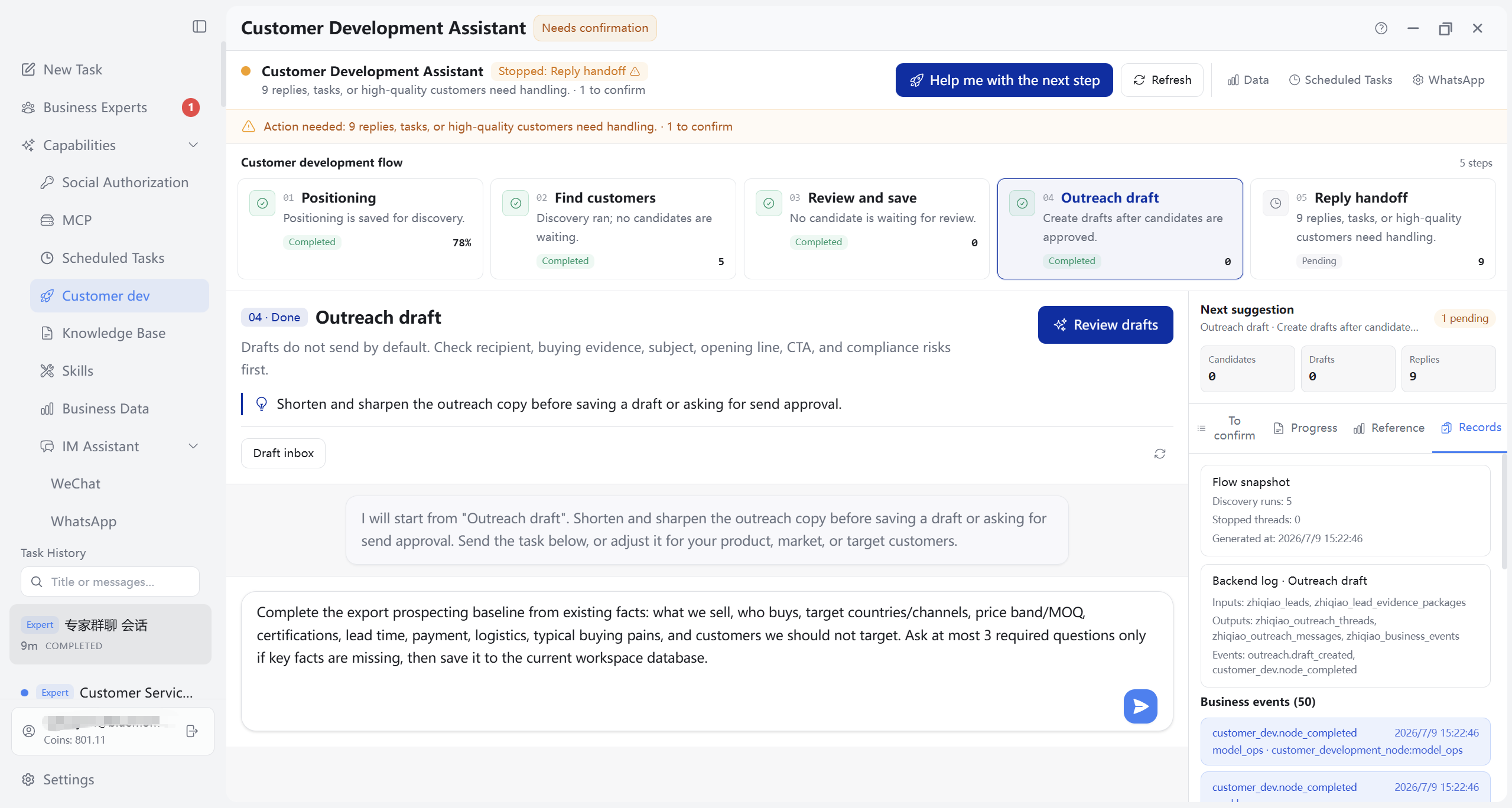 Customer Development: Outreach drafts node and Run log tab