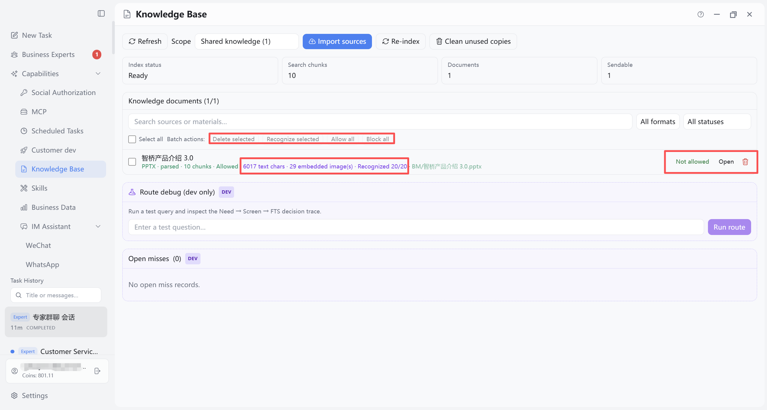 Knowledge Base document list: batch actions and row buttons