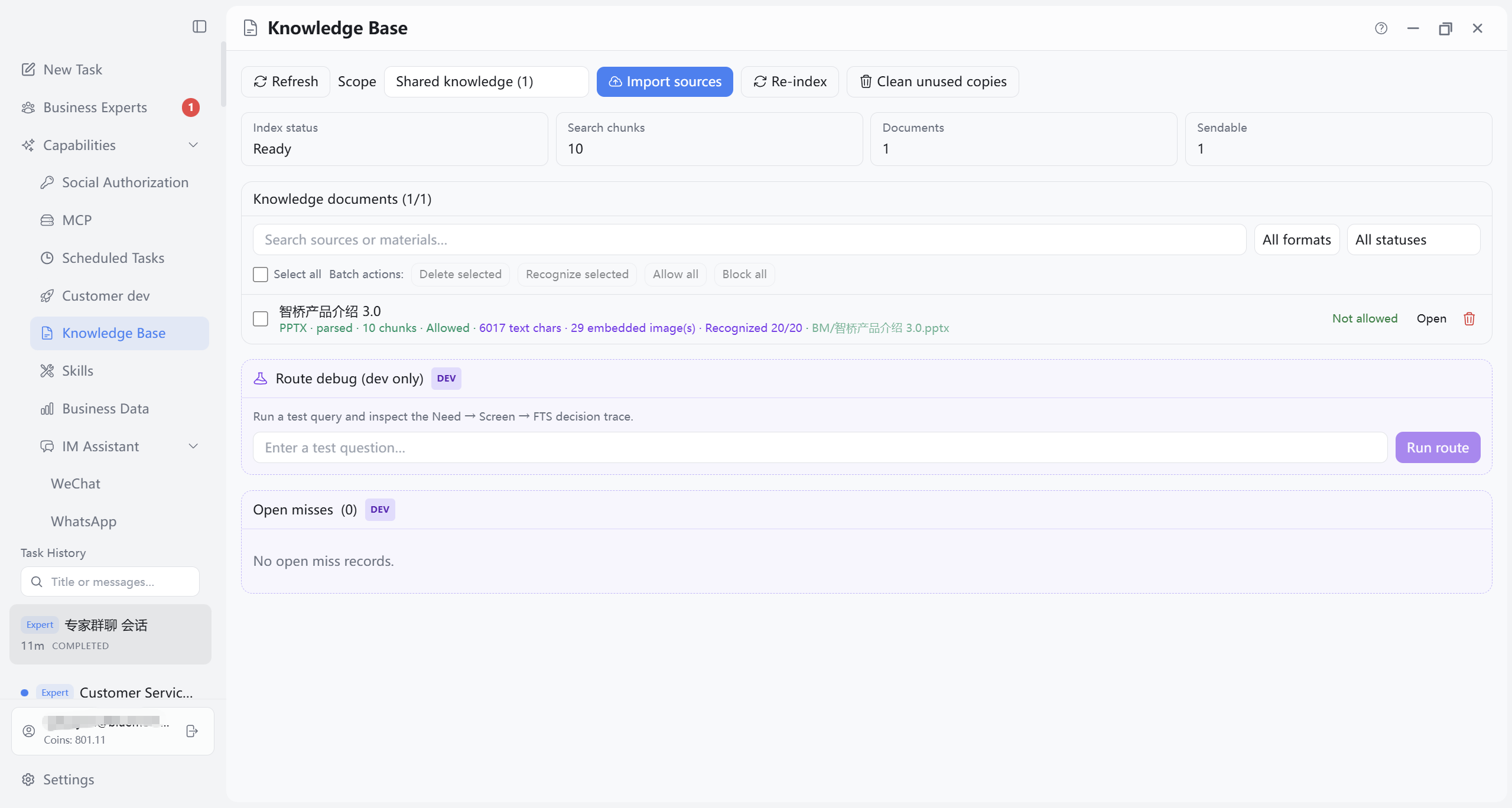 Knowledge Base overview: top bar, status cards, document list
