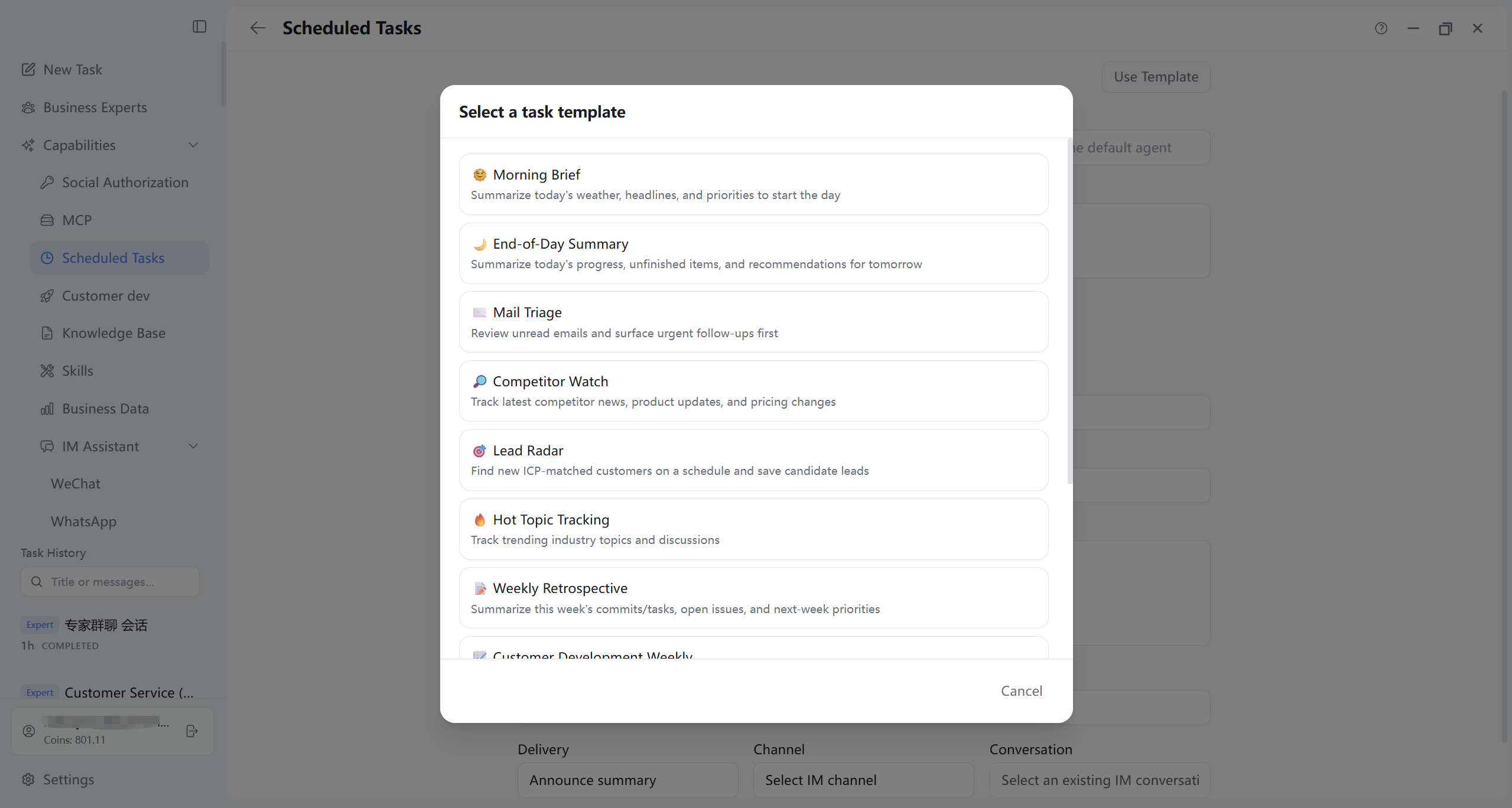 Use template when creating task