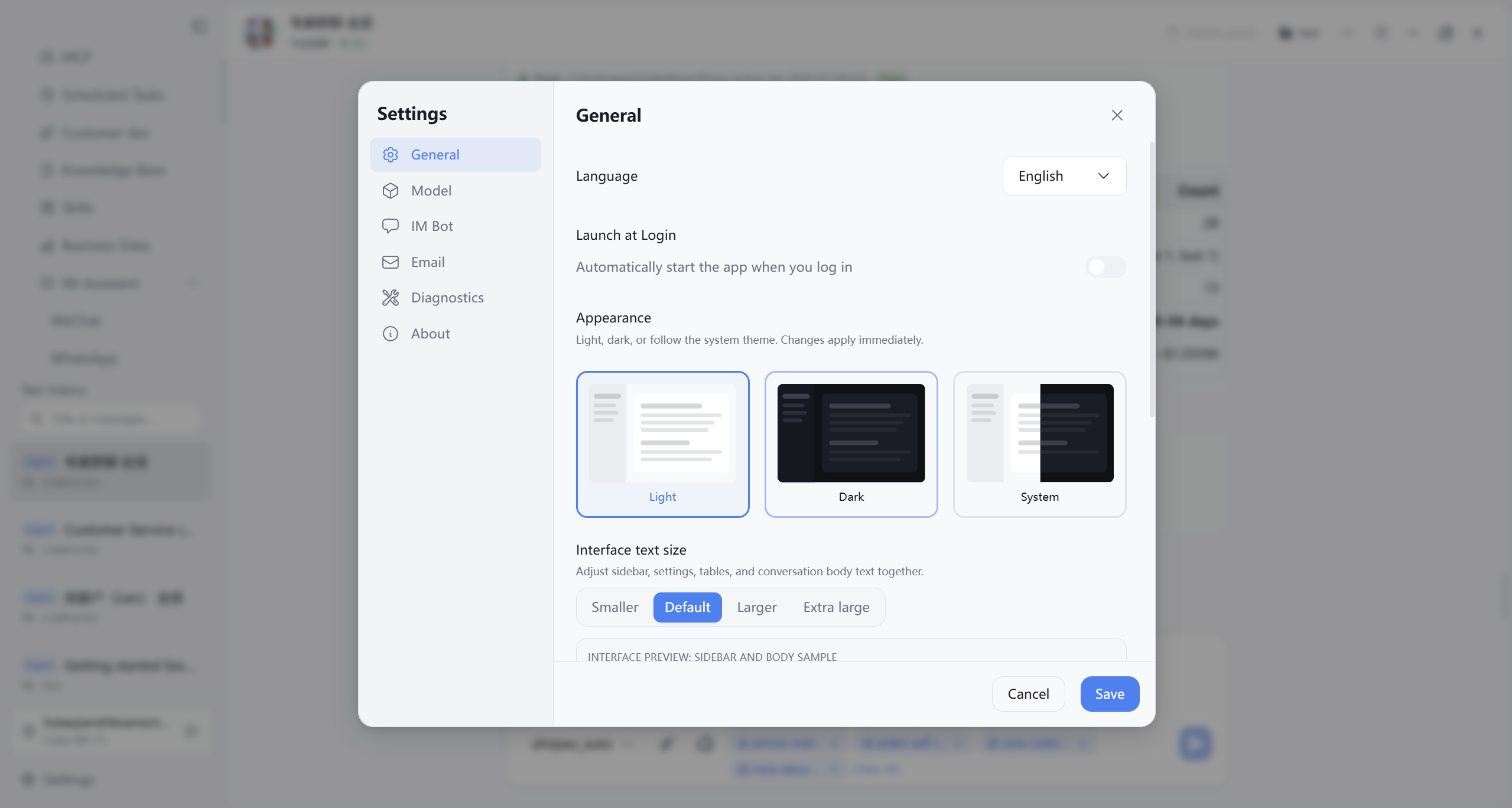 Settings sidebar and General tab