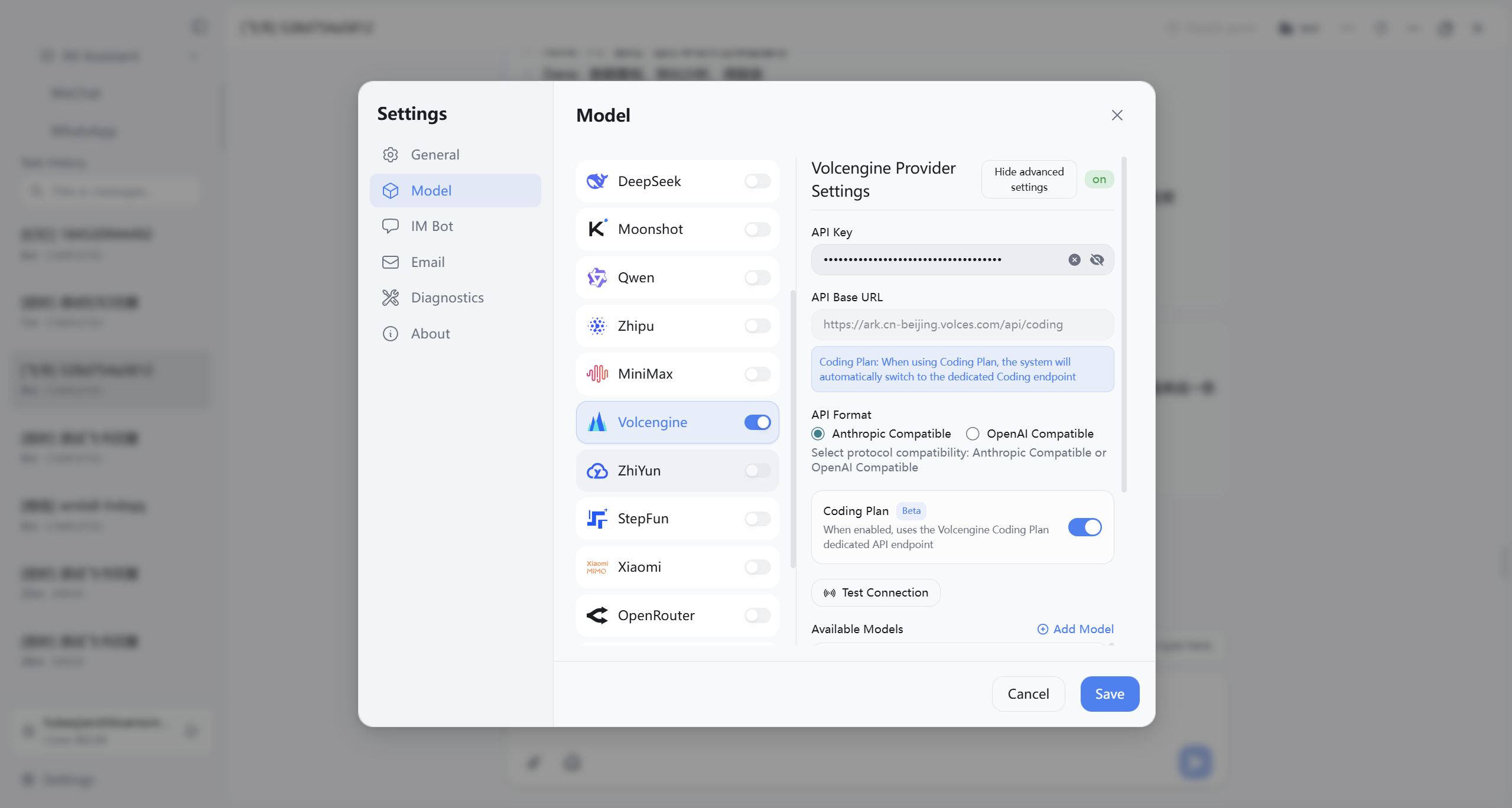 Other model provider configuration in settings