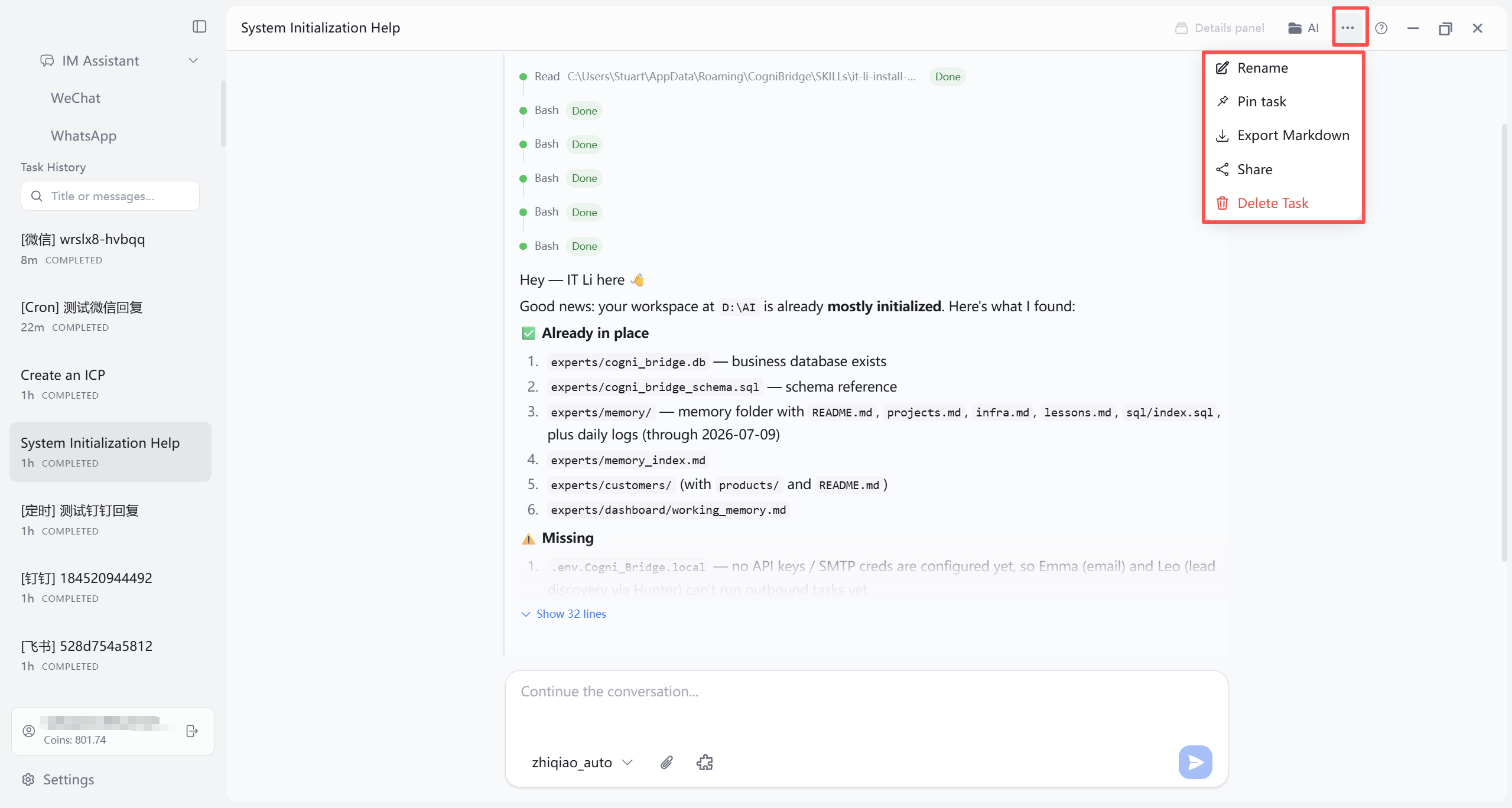 Tasks page top bar More menu